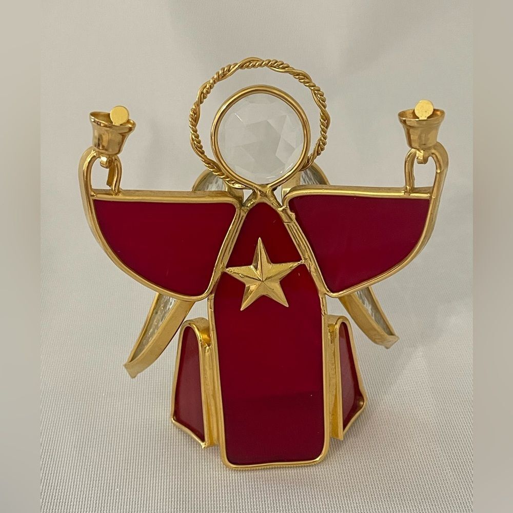 Red Stained Glass Angel Christmas Bells Stand Alone  5” Iridescent Wings